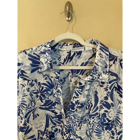 CYNTHIA ROWLEY Linen Size 2X Tunic Popover Top Blue White Flower Print Floral - Picture 6 of 8